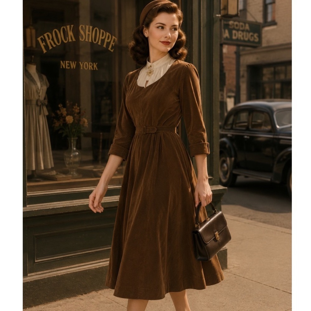 Vtg 40's Mary  Muffet Brown Corduroy Dress Cream‎ Collar belt midi